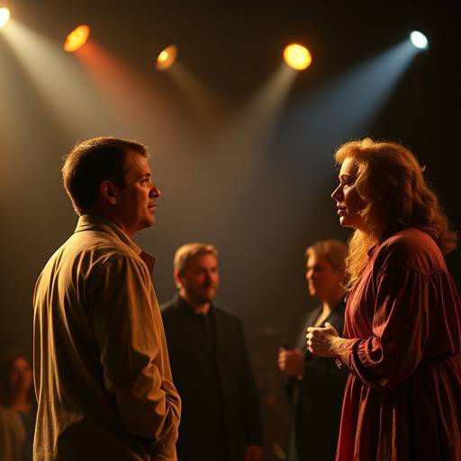 Actors performing on stage during a theatrical performance, conveying emotion and storytelling